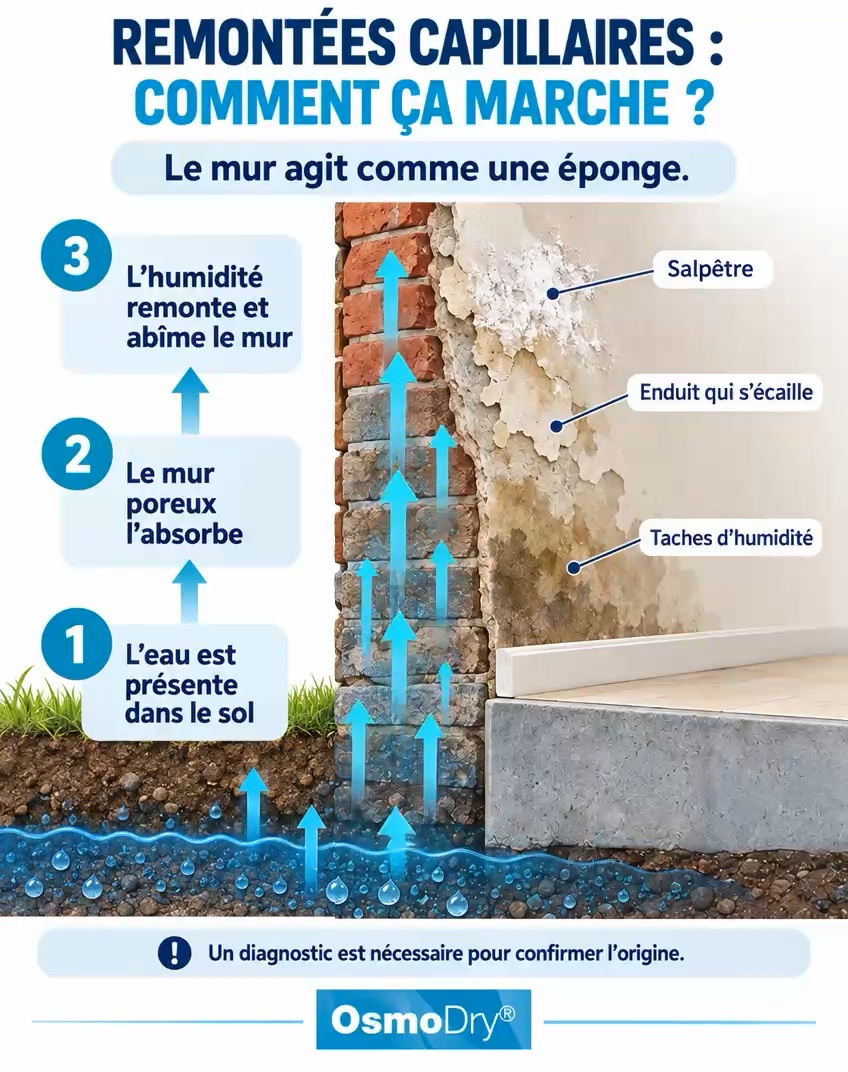 Schéma des remontées capillaires : l’eau du sol remonte dans un mur poreux. Un diagnostic est nécessaire pour confirmer l’origine.