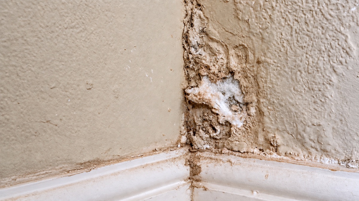 Dépôts blancs poudreux et enduit dégradé dans l’angle d’un mur